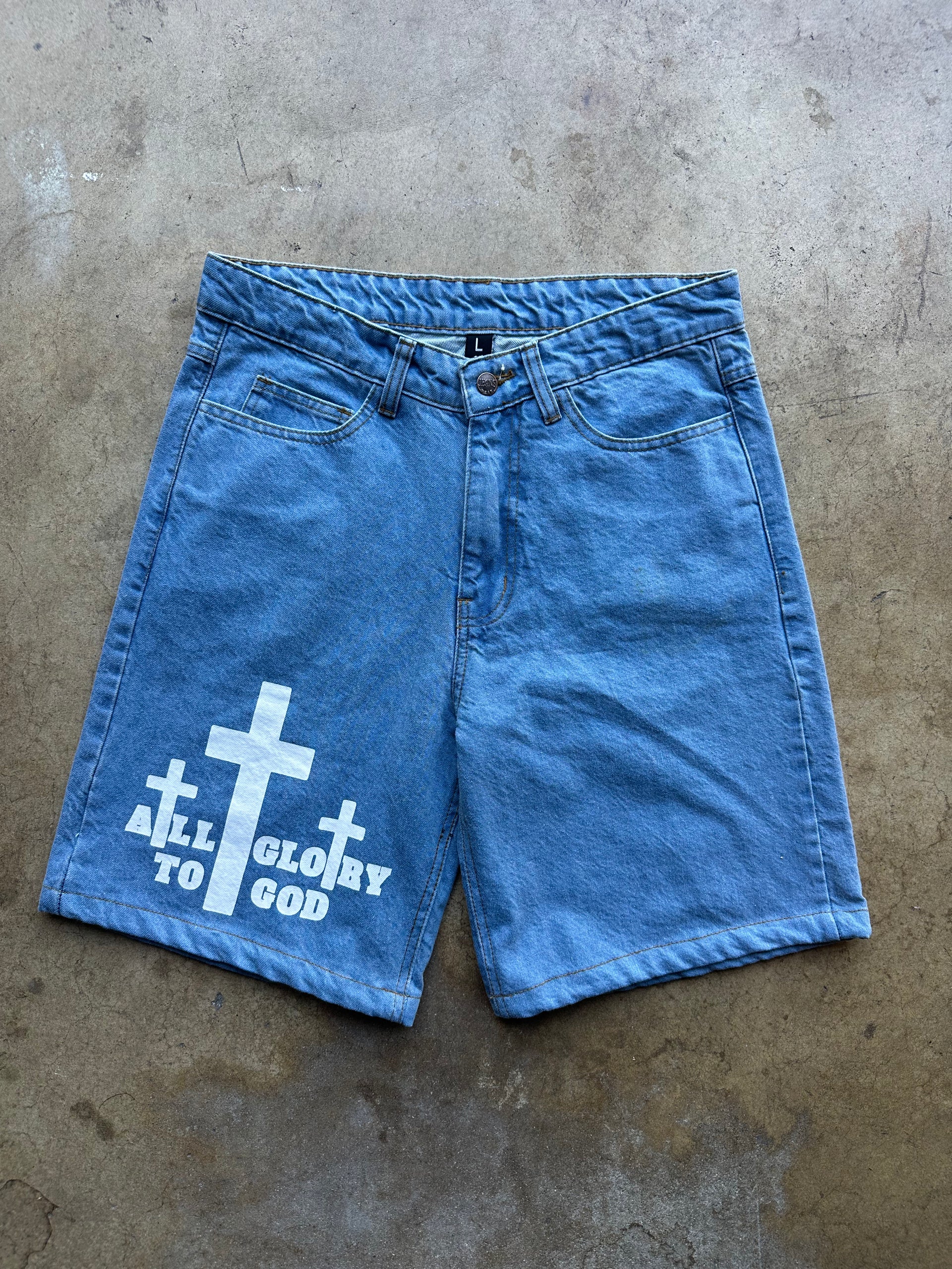 ALL GLORY TO GOD JORTS BLUE