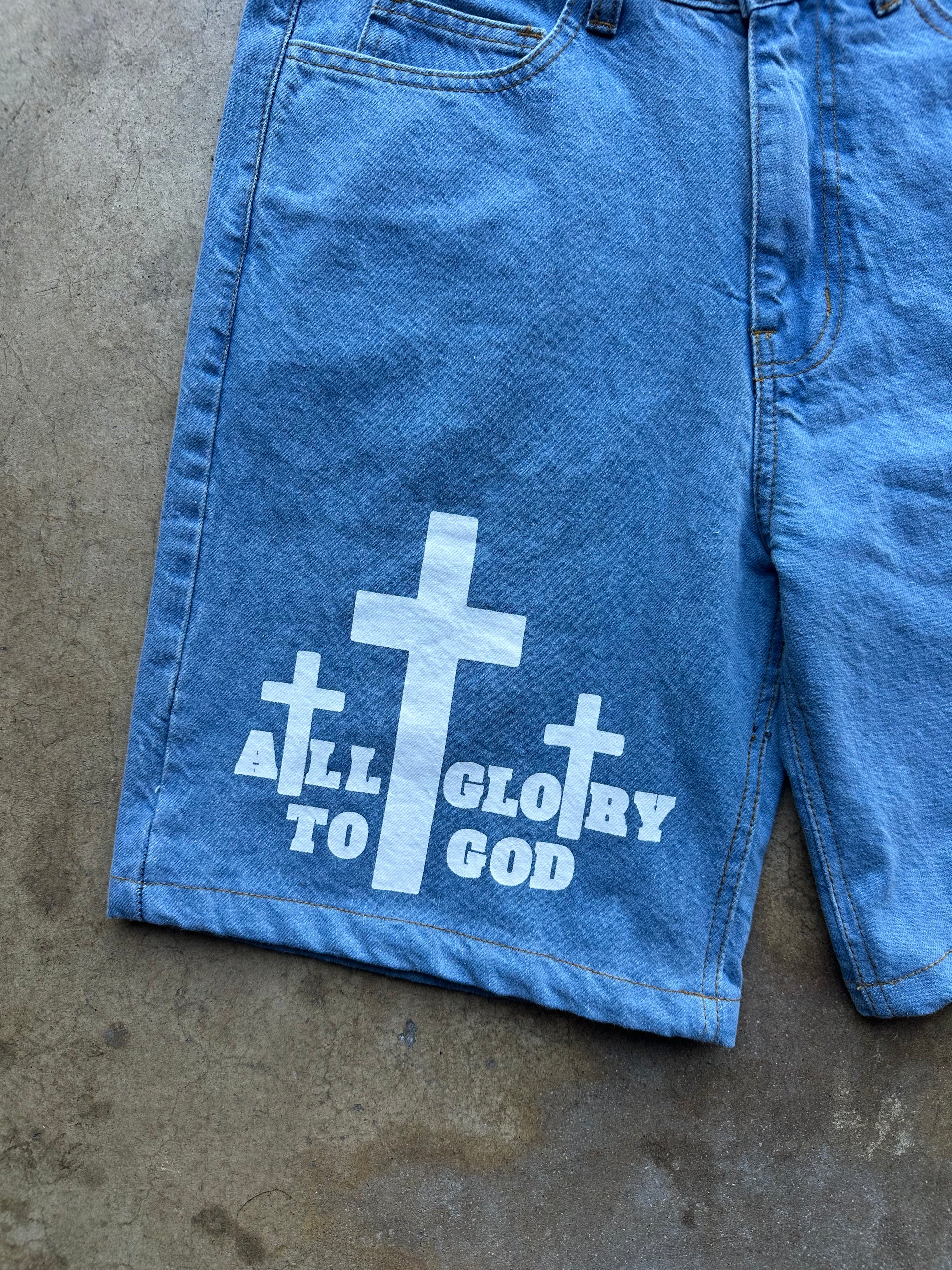 ALL GLORY TO GOD JORTS BLUE