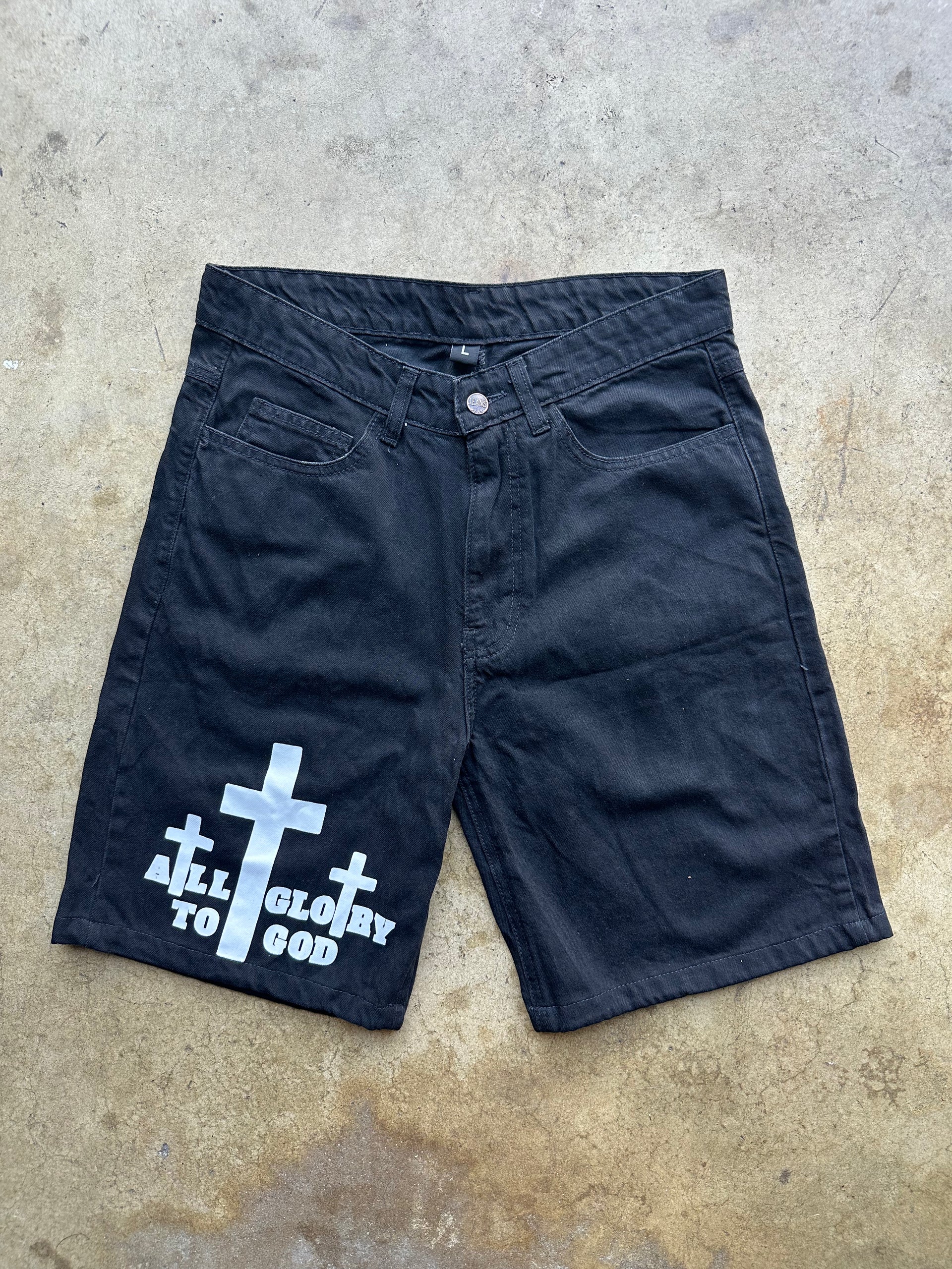 ALL GLORY TO GOD JORTS BLACK