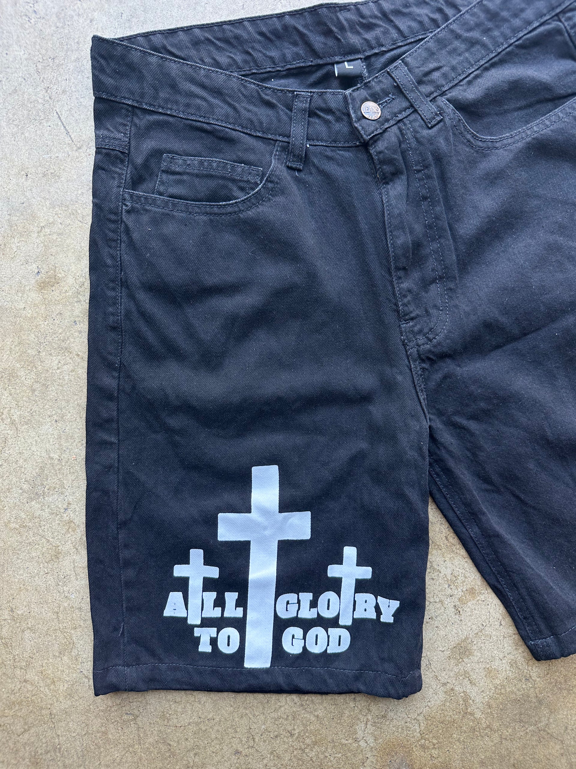 ALL GLORY TO GOD JORTS BLACK